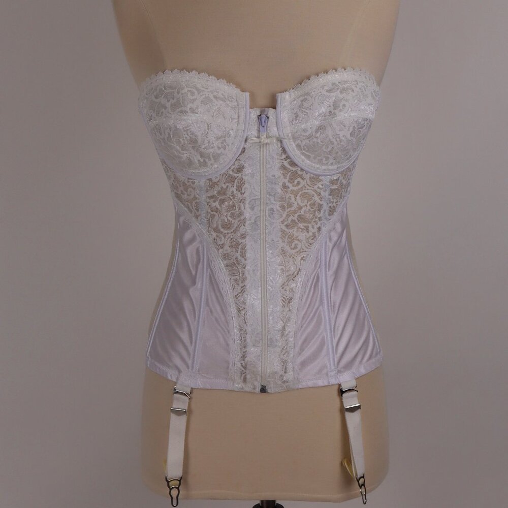 Frederick's of Hollywood White Lace Corset Girdle Bustier Garter Bra Shaper 36B